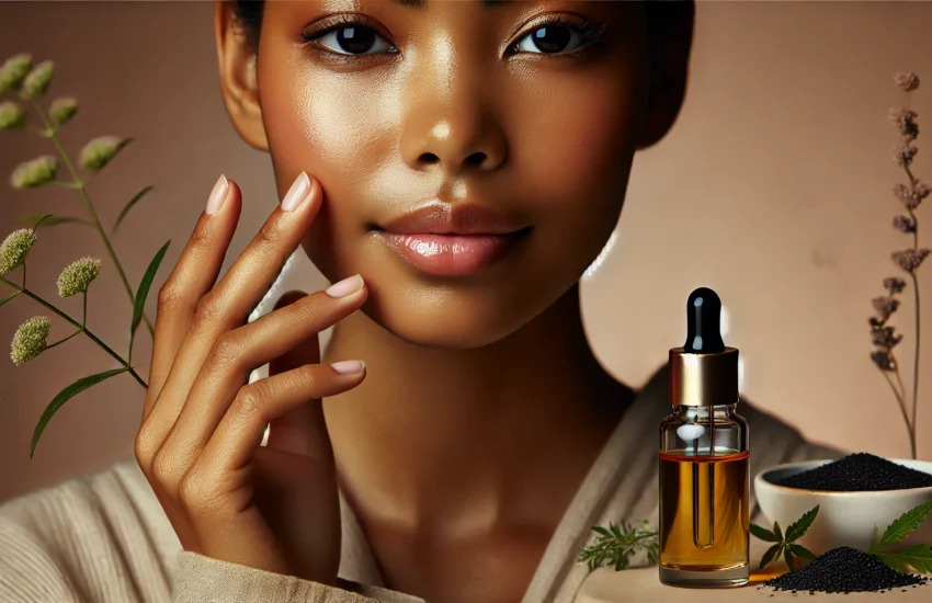 A serene image of a woman with flawless, radiant skin gently applying Black Seed Oil to her face using her fingertips. The setting features soft, warm lighting and a minimalistic neutral background, with a bottle of Black Seed Oil placed nearby, emphasizing natural skincare and self-care.