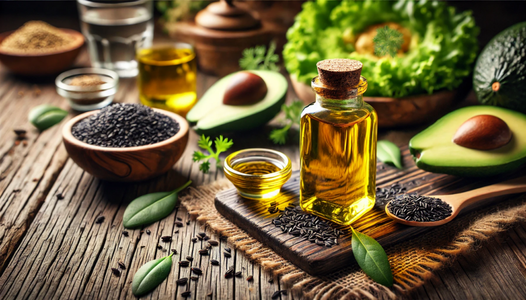 Healthy lifestyle concept featuring black seed oil in a glass bottle surrounded by black seeds, fresh avocados, leafy greens, and herbs on a rustic wooden table.