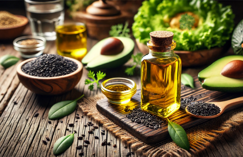 Black seed oil bottle on a wooden table