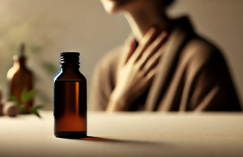 A minimalistic image featuring a person’s hand gently touching their throat, symbolizing thyroid health, with a small, unlabeled dark amber bottle of black seed oil in the foreground on a smooth, neutral-colored surface. The scene is softly lit with warm, natural lighting, creating a calm and wellness-focused atmosphere. The background is blurred with muted tones, keeping the focus on the bottle and the subtle gesture.