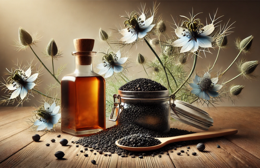 "Horizontal scene showcasing a jar of black seeds tipped on its side, with black seeds spilling out onto a wooden table. A wooden spoon partially filled with seeds lies beside the jar, and an elegant amber-colored bottle of black seed oil stands nearby. In the background, lush and realistic Nigella sativa plants with feathery leaves and delicate blue and white flowers add an organic, natural touch. The warm lighting highlights the textures of the seeds, jar, and plants, creating a serene and inviting atmosphere that emphasizes the natural healing properties of black seed oil."