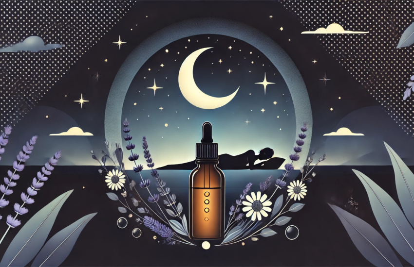 Tranquil nighttime scene featuring a dark gradient background transitioning from deep navy blue to black, adorned with glowing stars and a crescent moon. At the center, a minimalistic amber glass bottle of black seed oil is surrounded by calming lavender sprigs and chamomile flowers. In the softly blurred background, a serene figure peacefully sleeps, creating a sense of relaxation and wellness. The overall design emphasizes calmness and simplicity with harmonious tones of deep blue, soft purple, and warm amber.