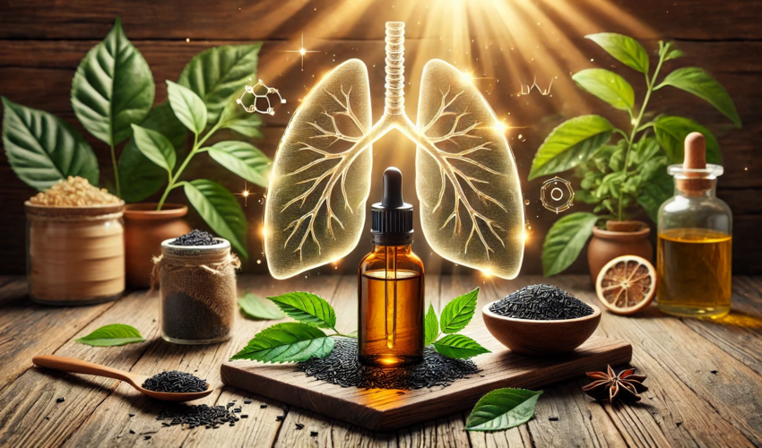 Glass bottle of black seed oil with a dropper, surrounded by black cumin seeds, green leaves, and glowing lungs in the background, symbolizing natural asthma relief and respiratory health.