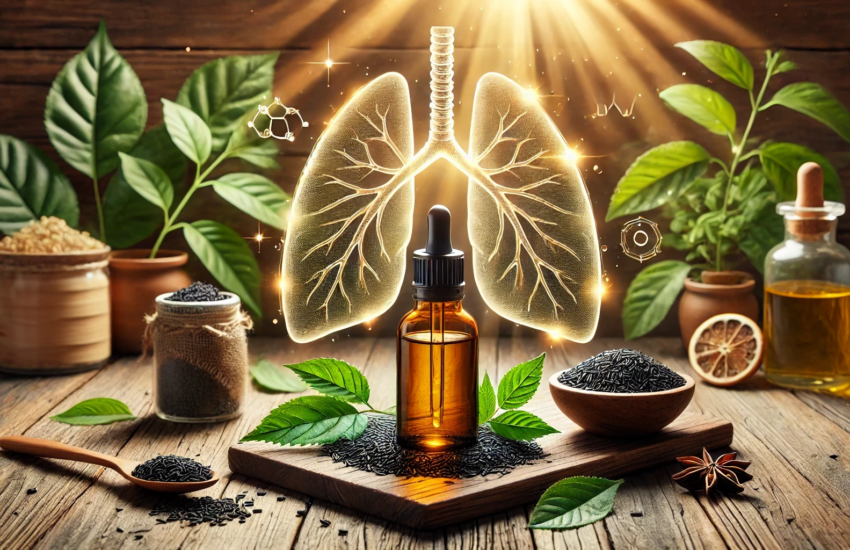 Glass bottle of black seed oil with a dropper, surrounded by black cumin seeds, green leaves, and glowing lungs in the background, symbolizing natural asthma relief and respiratory health.