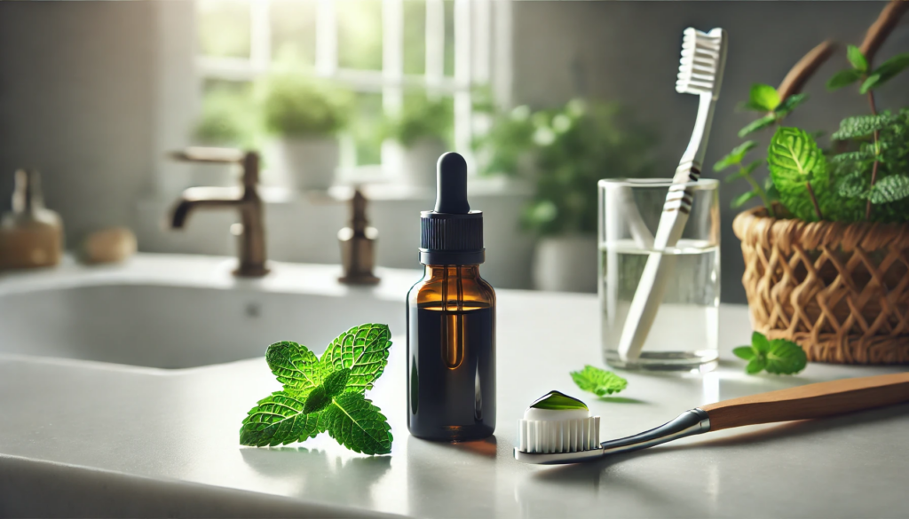 Black seed oil for oral health displayed with a dropper bottle, toothbrush, and fresh mint on a white countertop in a modern bathroom setting. Perfect for natural dental care, gum health, and organic oral hygiene solutions.