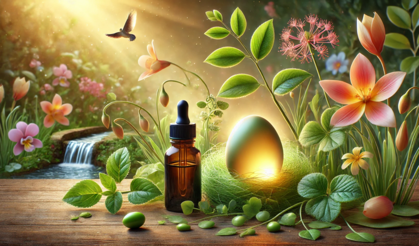 Realistic image of a black seed oil bottle beside a glowing egg-shaped orb on fresh green leaves, symbolizing fertility and natural health in a serene outdoor setting with blooming flowers and flowing water.