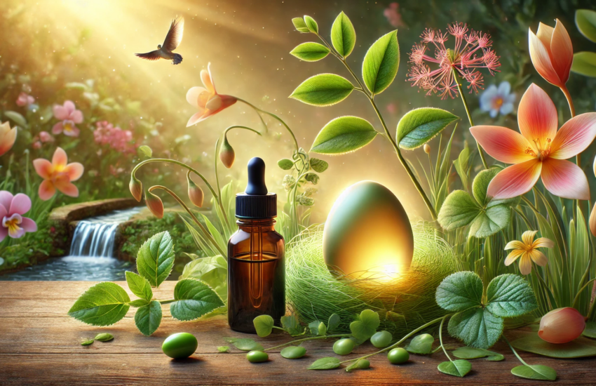 Realistic image of a black seed oil bottle beside a glowing egg-shaped orb on fresh green leaves, symbolizing fertility and natural health in a serene outdoor setting with blooming flowers and flowing water.