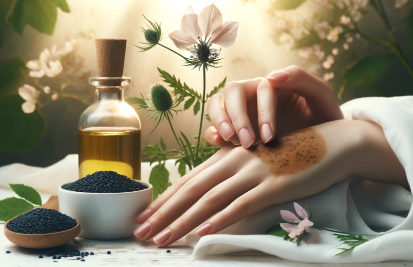 Black seed oil for hyperpigmentation, showing a hand applying oil with fading dark spots, alongside seeds, flowers, and a calming natural backdrop.