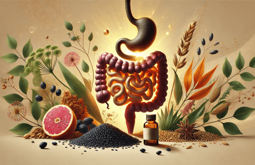 Illustration of a glowing digestive system surrounded by black seeds, herbs, and natural elements, symbolizing gut health and natural remedies for digestion.