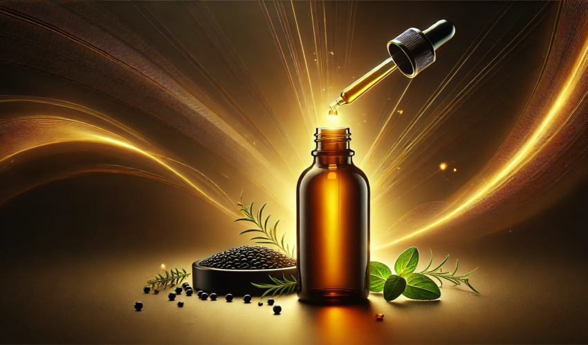 Amber bottle of black seed oil with no label, featuring a dropper releasing a glowing droplet mid-air, surrounded by scattered black seeds and fresh green herbs, against a gradient backdrop symbolizing energy and vitality.