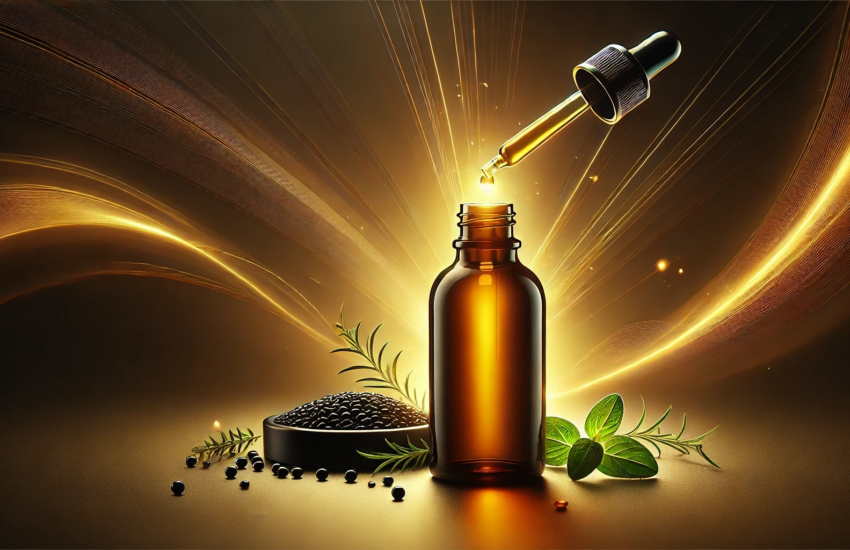 Amber bottle of black seed oil with no label, featuring a dropper releasing a glowing droplet mid-air, surrounded by scattered black seeds and fresh green herbs, against a gradient backdrop symbolizing energy and vitality.