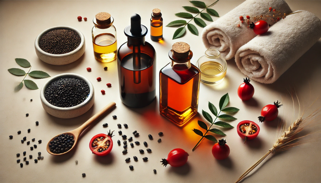 "Flat lay of black seed oil and rosehip oil bottles with natural elements, including black seeds, Nigella sativa leaves, rosehips, and spa accessories on a beige background."