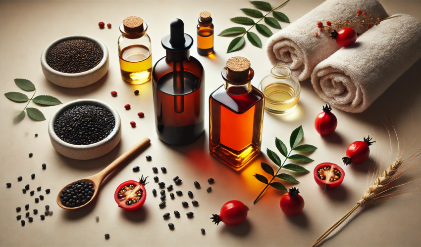 Flat lay of black seed oil and rosehip oil bottles with natural elements, including black seeds, Nigella sativa leaves, rosehips, and spa accessories on a beige background.