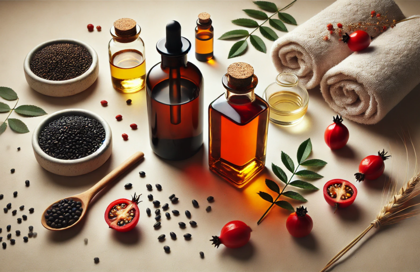 Flat lay of black seed oil and rosehip oil bottles with natural elements, including black seeds, Nigella sativa leaves, rosehips, and spa accessories on a beige background.