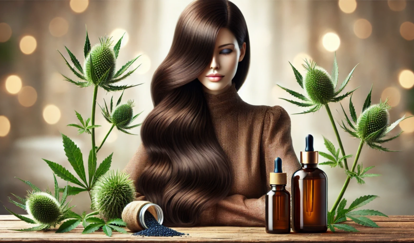 Woman with healthy, shiny dark brown hair cascading naturally, accompanied by bottles of black seed and castor oils, surrounded by realistic depictions of Nigella sativa seeds and castor plant pods, emphasizing natural hair care and nourishment.