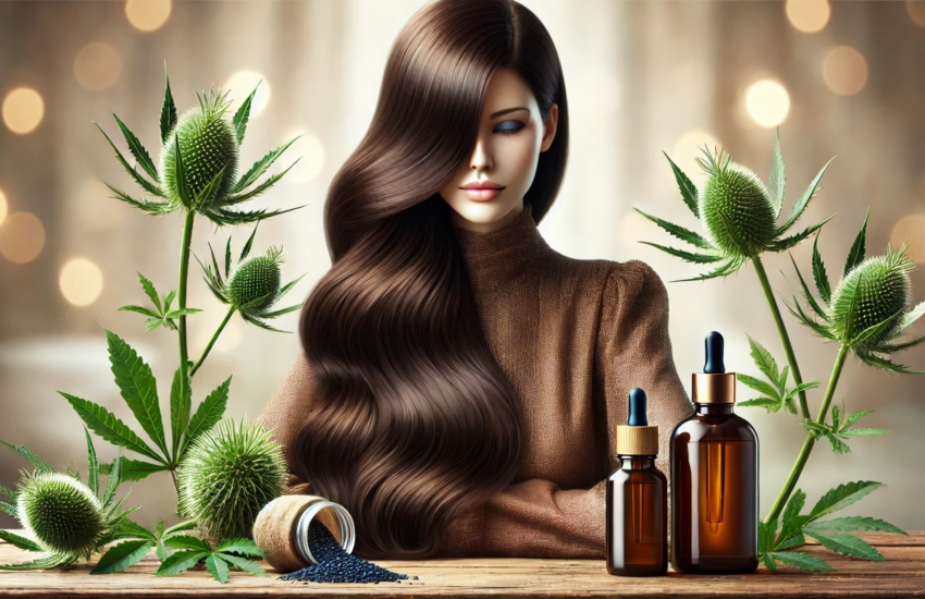 Woman with healthy, shiny dark brown hair cascading naturally, accompanied by bottles of black seed and castor oils, surrounded by realistic depictions of Nigella sativa seeds and castor plant pods, emphasizing natural hair care and nourishment.