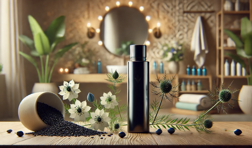 Unlabeled black seed oil bottle on a wooden table surrounded by Nigella sativa seeds and flowers, set in a serene bathroom with natural decor, soft lighting, and a focus on luxurious hair care.