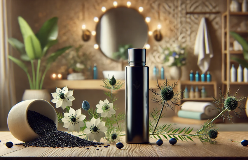 Unlabeled black seed oil bottle on a wooden table surrounded by Nigella sativa seeds and flowers, set in a serene bathroom with natural decor, soft lighting, and a focus on luxurious hair care.