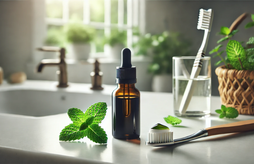 Black seed oil for oral health displayed with a dropper bottle, toothbrush, and fresh mint on a white countertop in a modern bathroom setting. Perfect for natural dental care, gum health, and organic oral hygiene solutions.