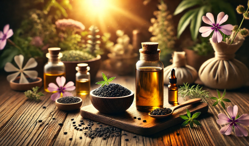 Organic black seed oil bottle with black seeds in a bowl, surrounded by natural elements like herbs and flowers, symbolizing holistic health and mental wellness.