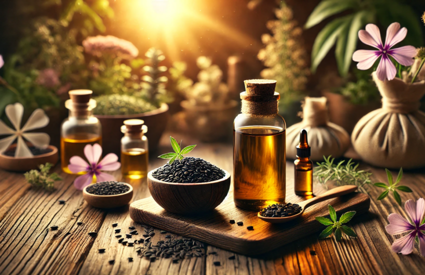 Organic black seed oil bottle with black seeds in a bowl, surrounded by natural elements like herbs and flowers, symbolizing holistic health and mental wellness.