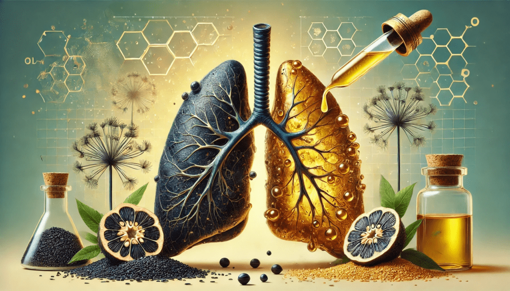 Illustration of black seed oil for bronchitis relief, showing inflamed and healthy lungs with herbal elements.